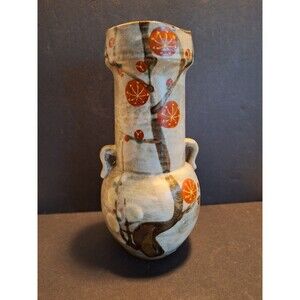 Pottery Vase w/Handles Red And White Plum Peanut Signed